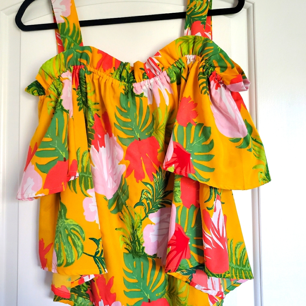 Bright tropical off the shoulder flutter top